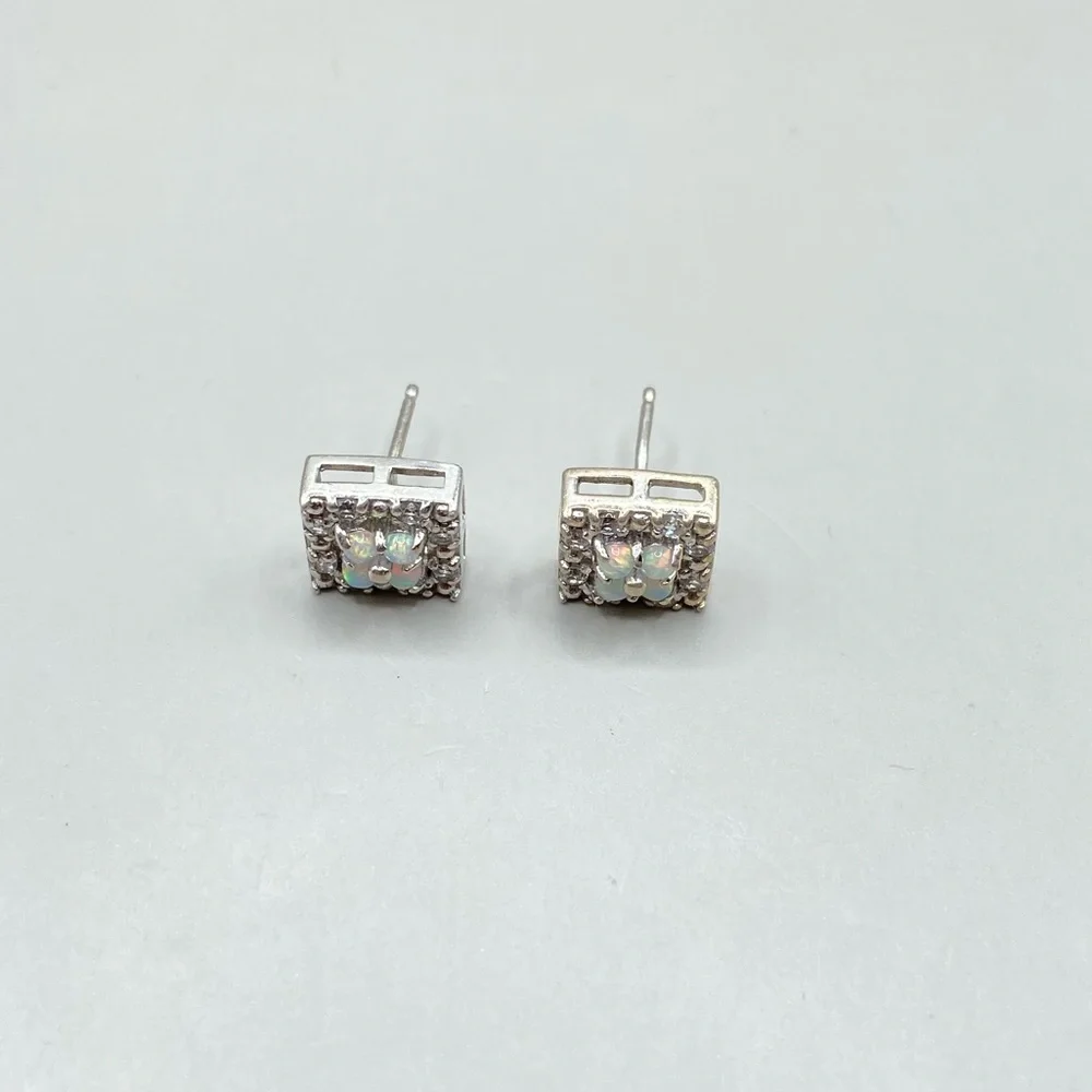 Silver Pave Opal Square Post Earrings